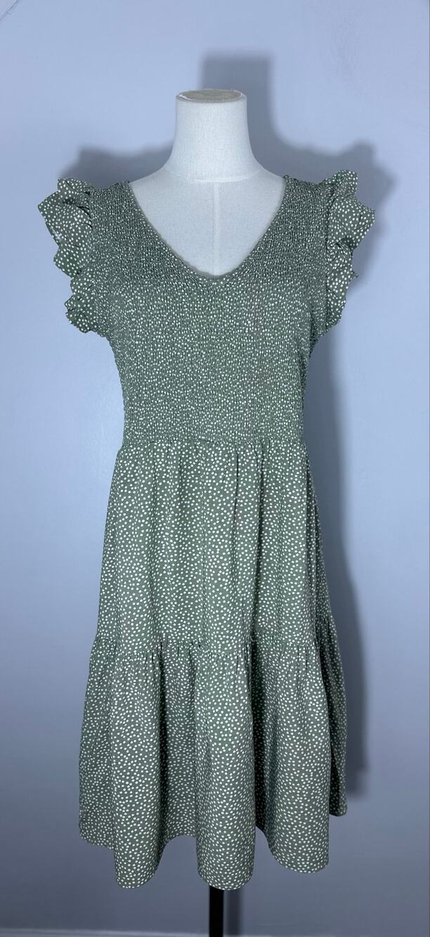LOFT Sage Green White Polka Dot Smocked Tiered Midi Dress cottage core